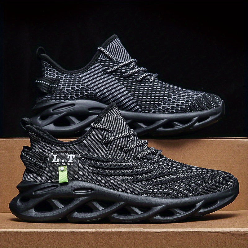 Men's Knit Breathable Running Shoes With Shock Absorption, Lace Up Comfy Soft Sole Sneakers For Outdoor Jogging, Spring And Summer