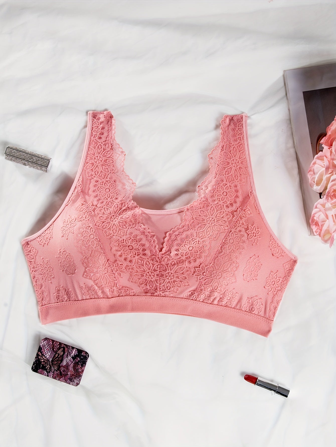 Plus Size Sexy Bra, Women's Plus Floral Lace Insert Mesh Wide Straps Semi Sheer Bra