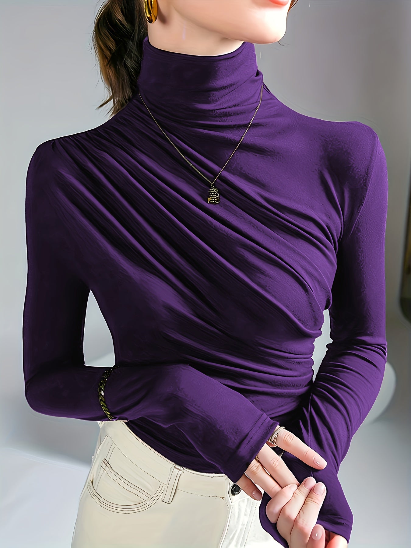 Women's Elegant High Neck Long Sleeve Top with Chest Wrinkle Detail - Solid Color Machine Washable Spring/Fall Layering Essential, Versatile Casual to Formal Shirt, Ladies Long Sleeve Tops, Spring Fashion, Sophisticated Style, Durable Material, Stylish Bl