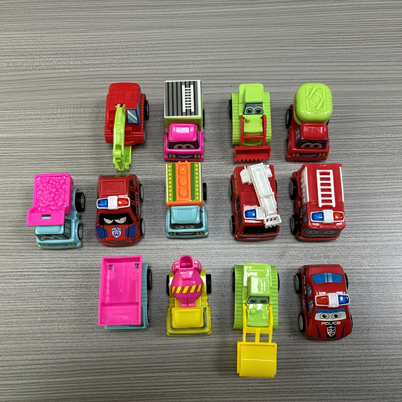 10pcs Random Color Pull Back Car, Small Inertia Engineering Vehicle, Cartoon Sticker Assembly Engineering Vehicle Fire Truck, Best Birthday Gift for Party, Christmas Gift