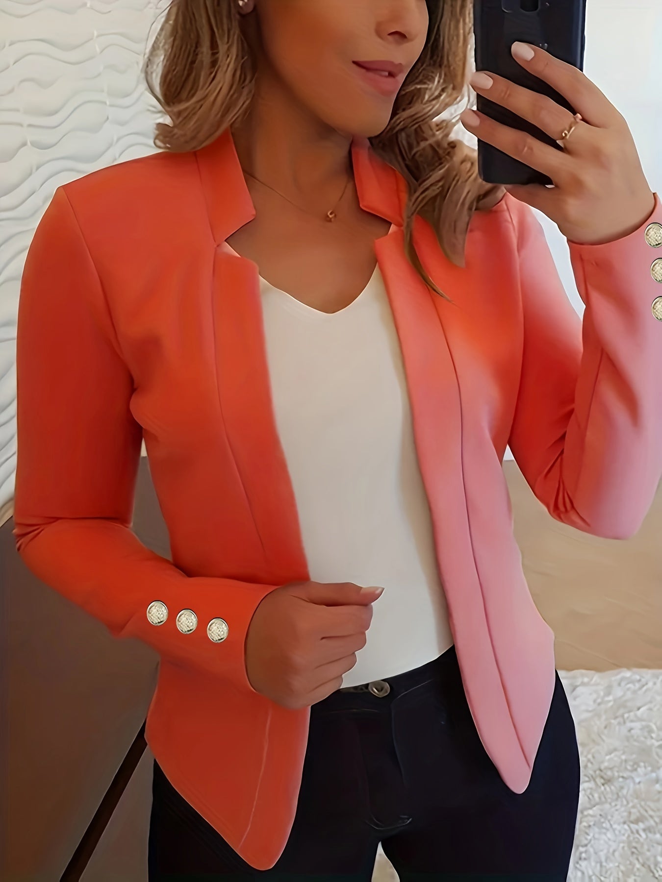 Solid Open Front Blazer, Casual Long Sleeve Button Blazer For Office & Work, Women's Clothing