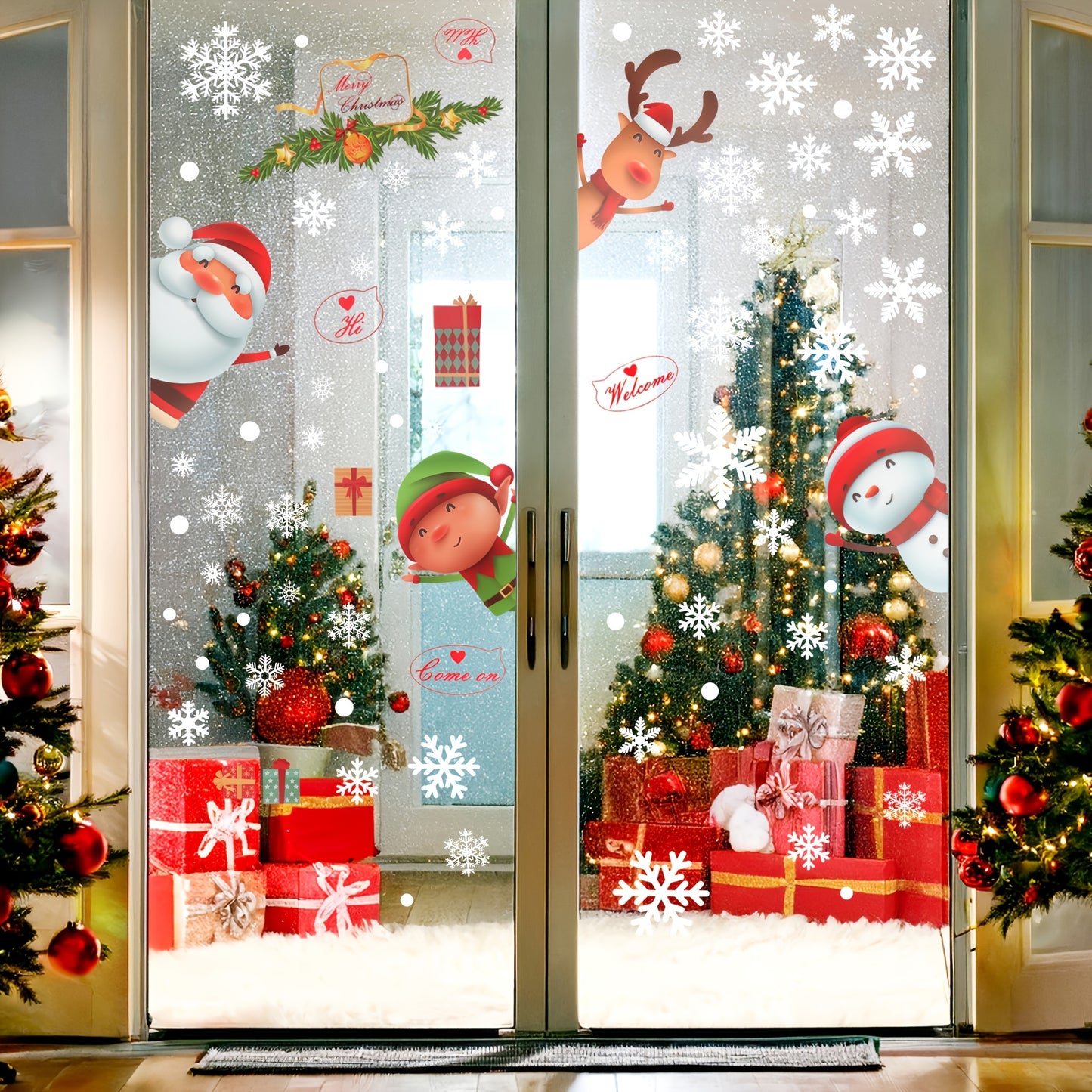 80pcs Christmas Snowflake Window Clings Stickers For Glass, Xmas Decals Decorations Holiday Snowflake Santa Claus Reindeer Decals