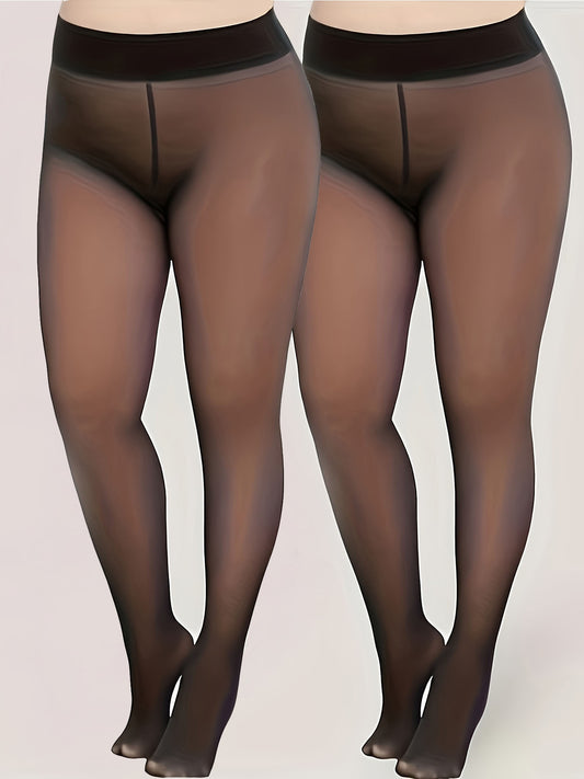 2pcs Plus Size Autumn/Winter Sheer Pantyhose, Faux Light Beige-Tone Leggings with Built-in Tights