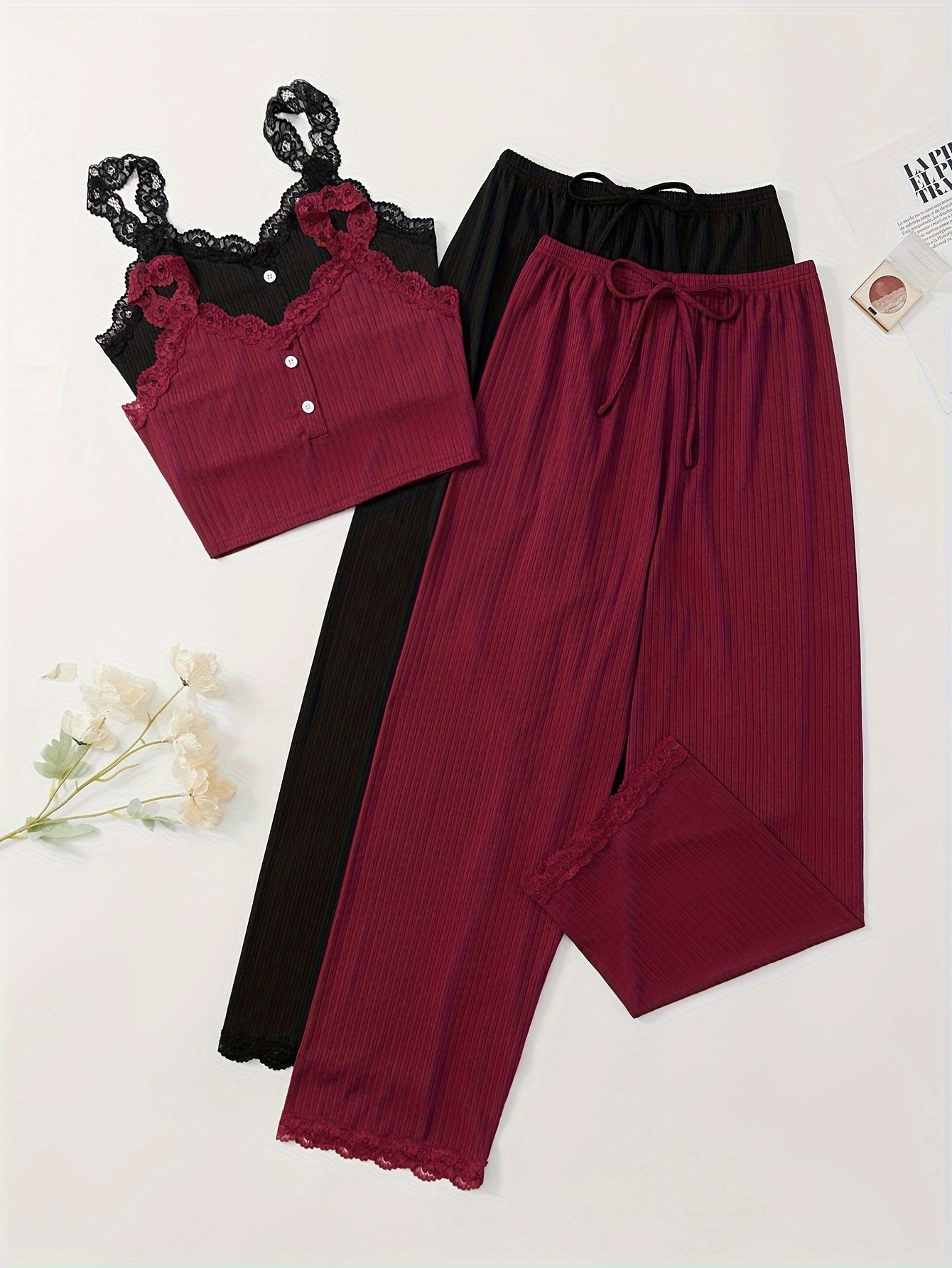 Ribbed Fabric Comfortable Women's Pajama Set with Sexy Camisole Top & Pants in Multiple Colors