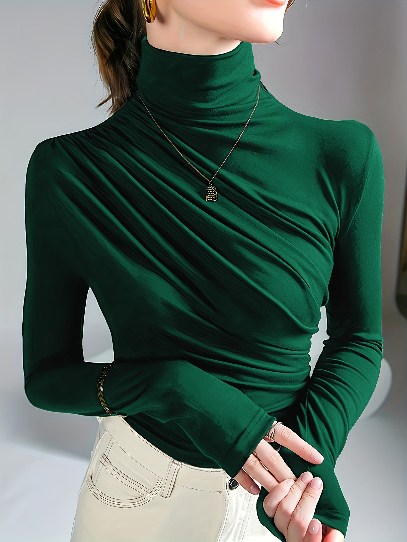 Women's Elegant High Neck Long Sleeve Top with Chest Wrinkle Detail - Solid Color Machine Washable Spring/Fall Layering Essential, Versatile Casual to Formal Shirt, Ladies Long Sleeve Tops, Spring Fashion, Sophisticated Style, Durable Material, Stylish Bl
