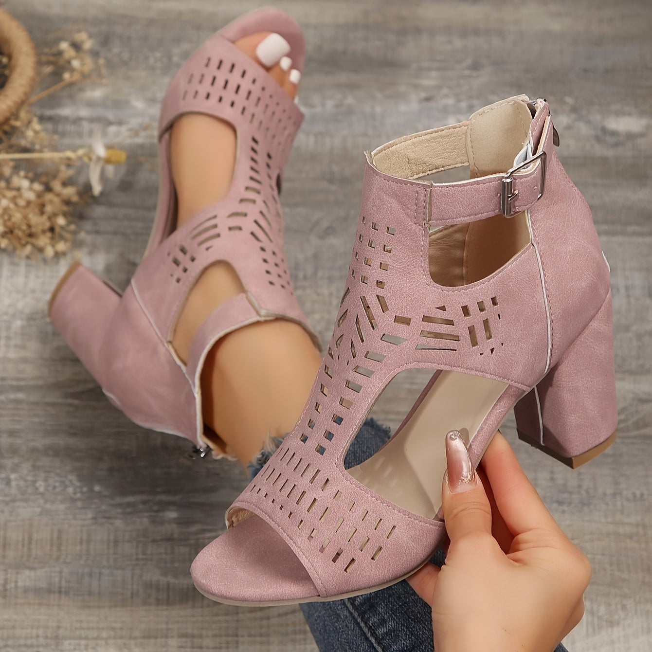 Women's Solid Color Chunky Heel, Fashion Hollow Out Design Dress Pumps, Stylish Back Zipper Heels