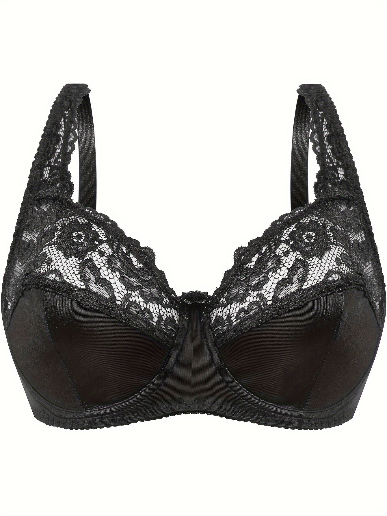 Plus Size Sexy Bra, Women's Plus Contrast Lace Underwire Full Cover Mini Bow Light Bra