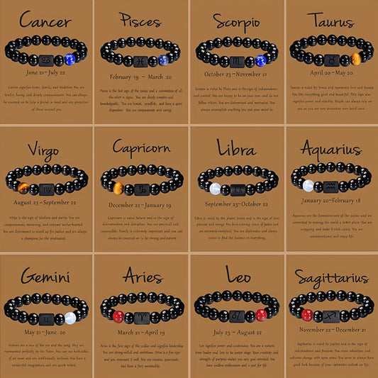1pc Unisex 12 Constellation Signs Beads Bracelet, Black Stone Elastic Bracelet, Couples Bracelet, Charm Bracelet For Women Men Birthday Gift, Leo, Taurus, Capricorn, Libra Bracelet