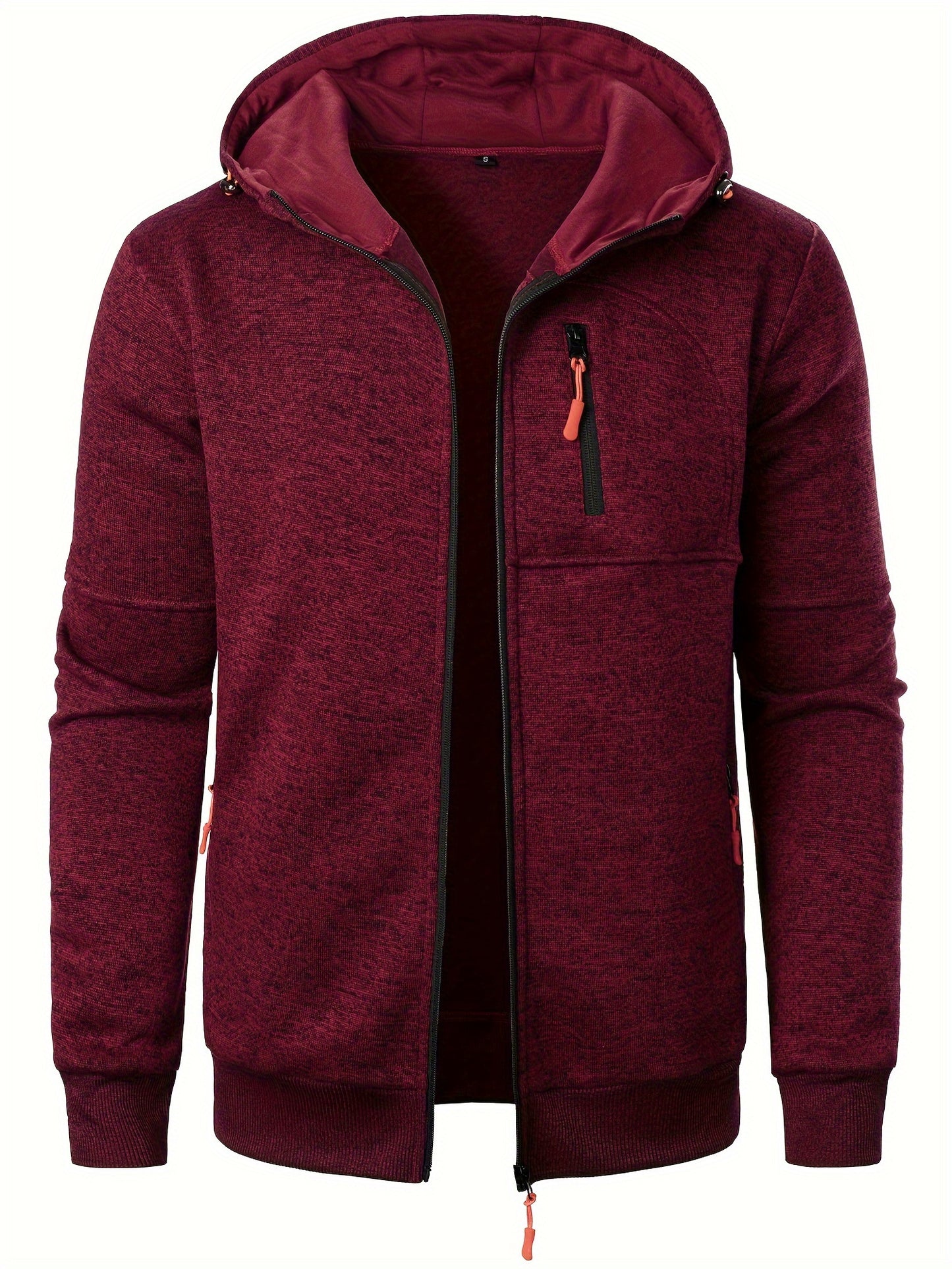 Men's Autumn Winter Casual Plush Hooded Sweater - Soft Knit Zipper Front with Neon Accents, Regular Fit Long Sleeve Pullover for Cold Weather, Sweater Hoodie, Ribbed Detailing