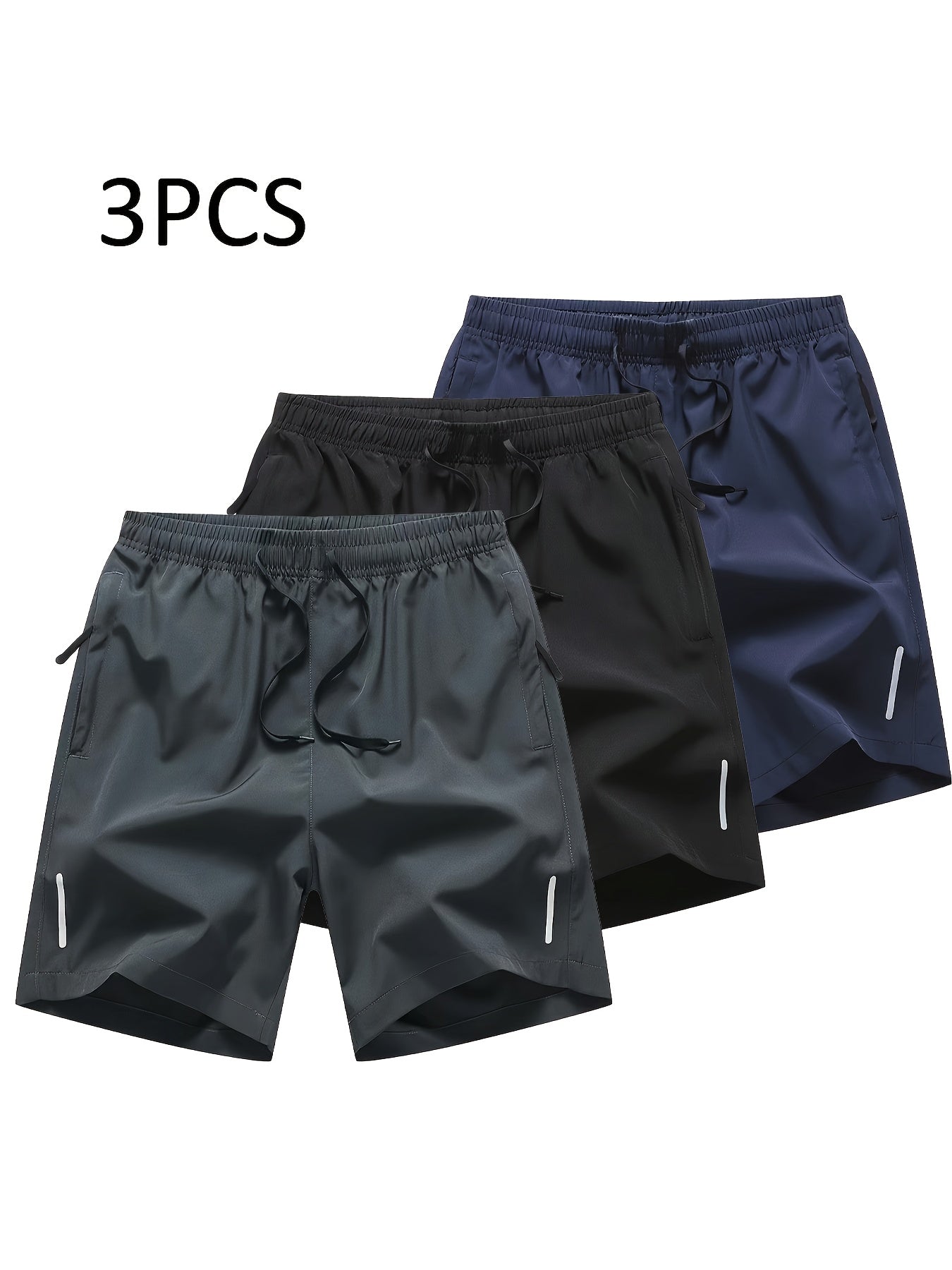 3pcs Men'S Summer Sports Shorts - Breathable Quick-Dry Fabric, Drawstring Waist with Zipper Pockets, Lightweight & Comfortable for Running, Hiking, Outdoor Activities - Black, Navy Blue, Dark Gray - Perfect Gift for Active Men, Hiking Apparel, Casual Styl