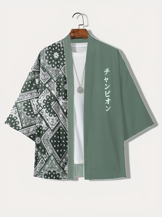 Men's Lightweight Summer Kimono Cardigan with Black & White Crane and Wave Print, 3/4 Sleeve Casual Polyester Shirt for Adults