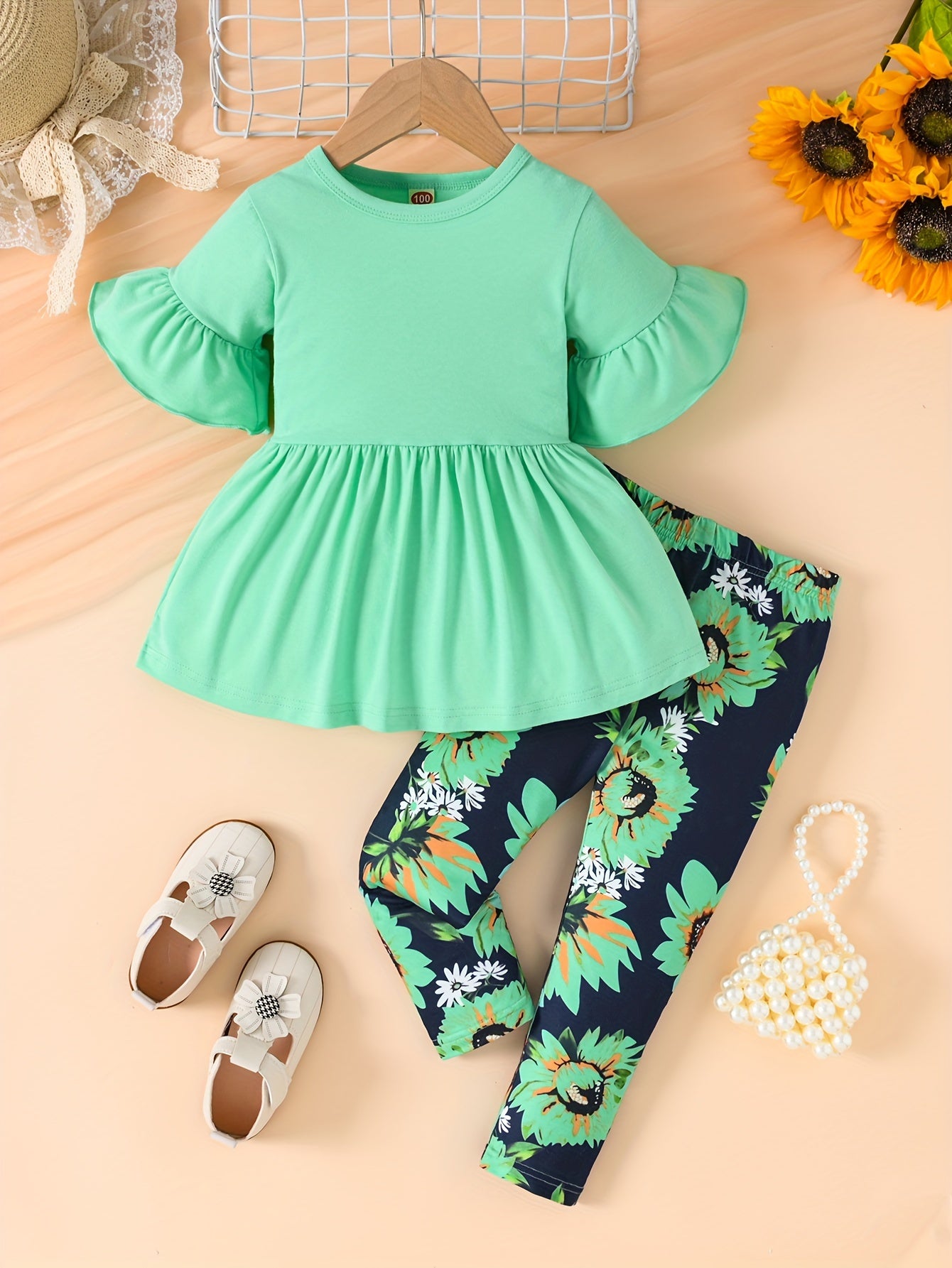 Girls' Floral Print Flared Sleeve Dress with Ruffled Hem & Elastic Waistband - Light Purple & Black Sunflower Design, Long Pants for Spring/Fall Casual Wear, Spring Fall Clothing, Comfortable Fit, for Outdoor