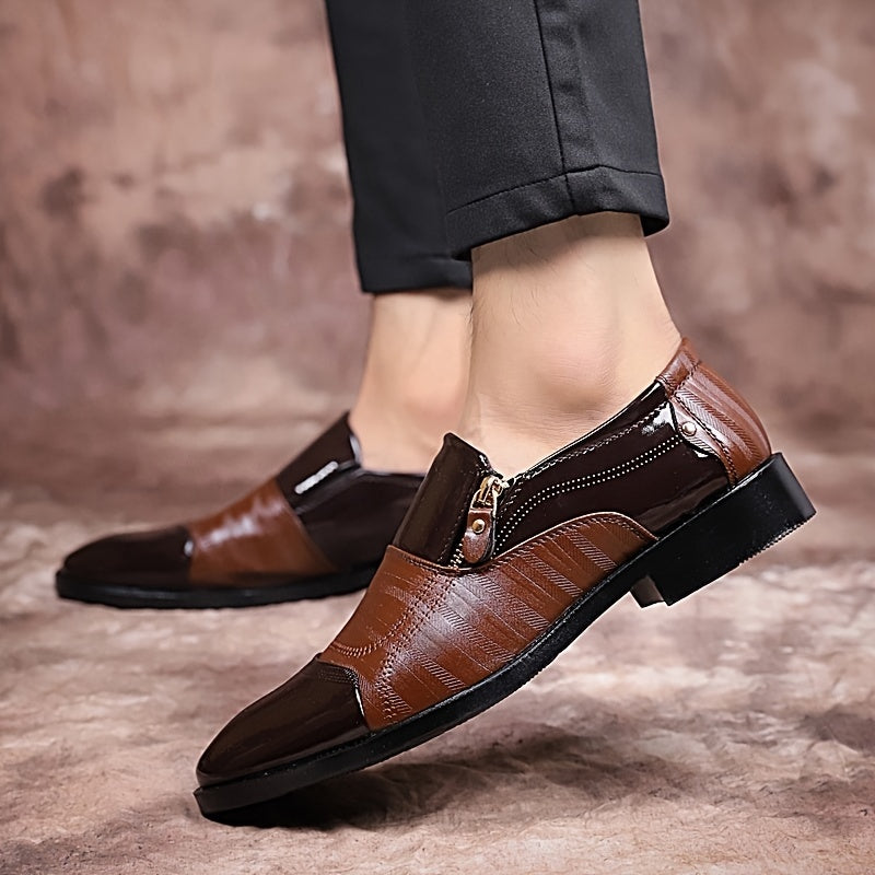 KJSOP Men's Glossy Brown Dress Shoes - British Style Sharp Pointed Toe Lace-like Zipper Closure, Glossy Polish, Comfortable PU Lining & Rubber Sole, Burgundy/Clear Toe & Black Trim - Business, Office, Semi-Formal Shoes for Men (Spring/Fall/Summer) - Burgu