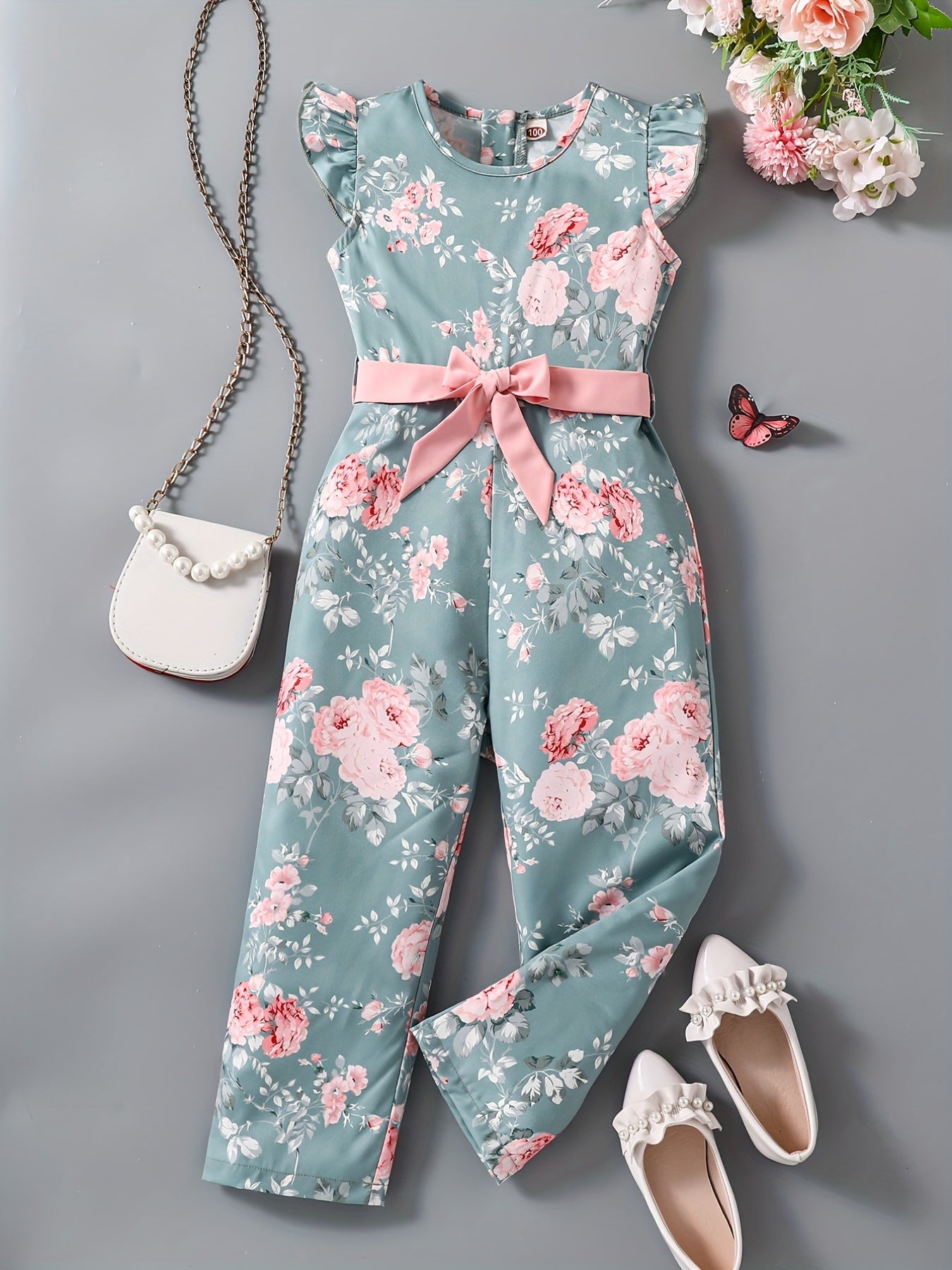 Summer Girls' Casual Floral Print Sleeveless Jumpsuit with Back Zipper & Adjustable Waist Belt - Navy Blue Round Neck, Straight Leg Design for Outdoor Play & Weekend Outings, Comfortable Fit, Perfect for Outdoor