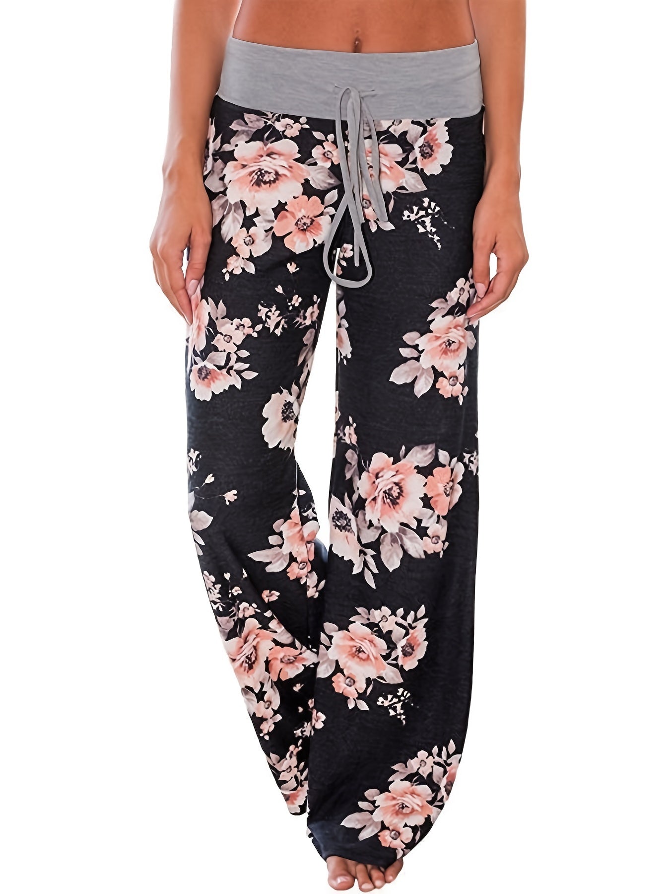 Plus Size - Women'S Plus Size Floral Print Wide Leg Pants with Drawstring Waist - Stretchy & Comfortable Casual Lounge Pajama Pants for Spring/Summer/Fall, Relaxed Fit Pants | Wide Leg Pants | Drawstring Detail