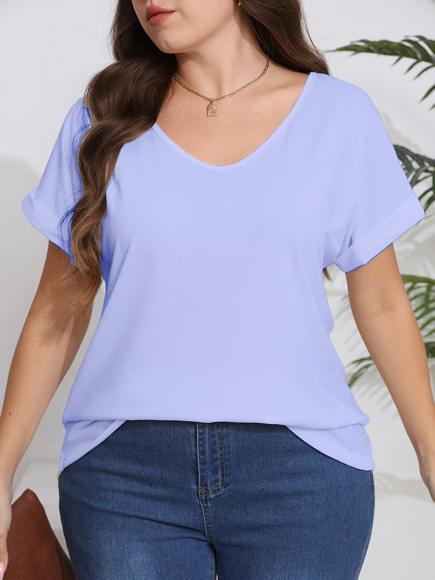 Plus Size, Plus Size Women's Elegant V-Neck T-Shirt - Soft Semi-Sheer Fabric, Vibrant Red, Machine Washable, Spring Summer Fall Casual Top, Ladies T Shirts, Seasonal Fashion, Sophisticated Casual, Comfortable Fit