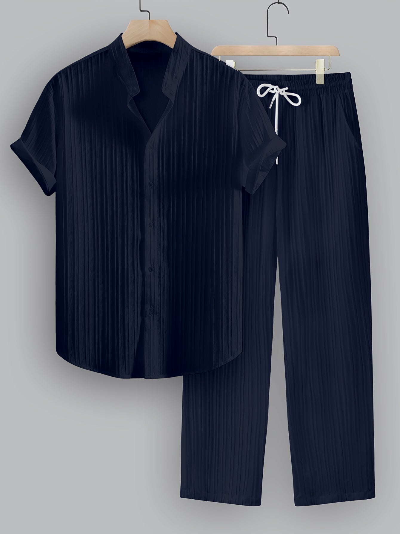 Men's summer solid color striped 2pcs set, casual and fashionable stand-up collar short-sleeved shirt, drawstring trousers, suitable for summer casual daily wear, beach vacation