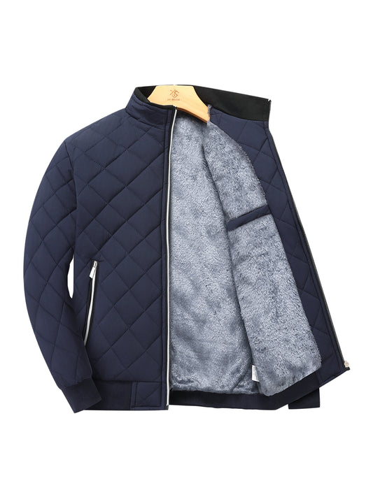 Men's Quilted Fleece-Lined Winter Jacket - Dark Green, Warm & Stylish Zip-Up with Pockets, Casual Loose Fit for Everyday Cold Weather, Winter Clothes