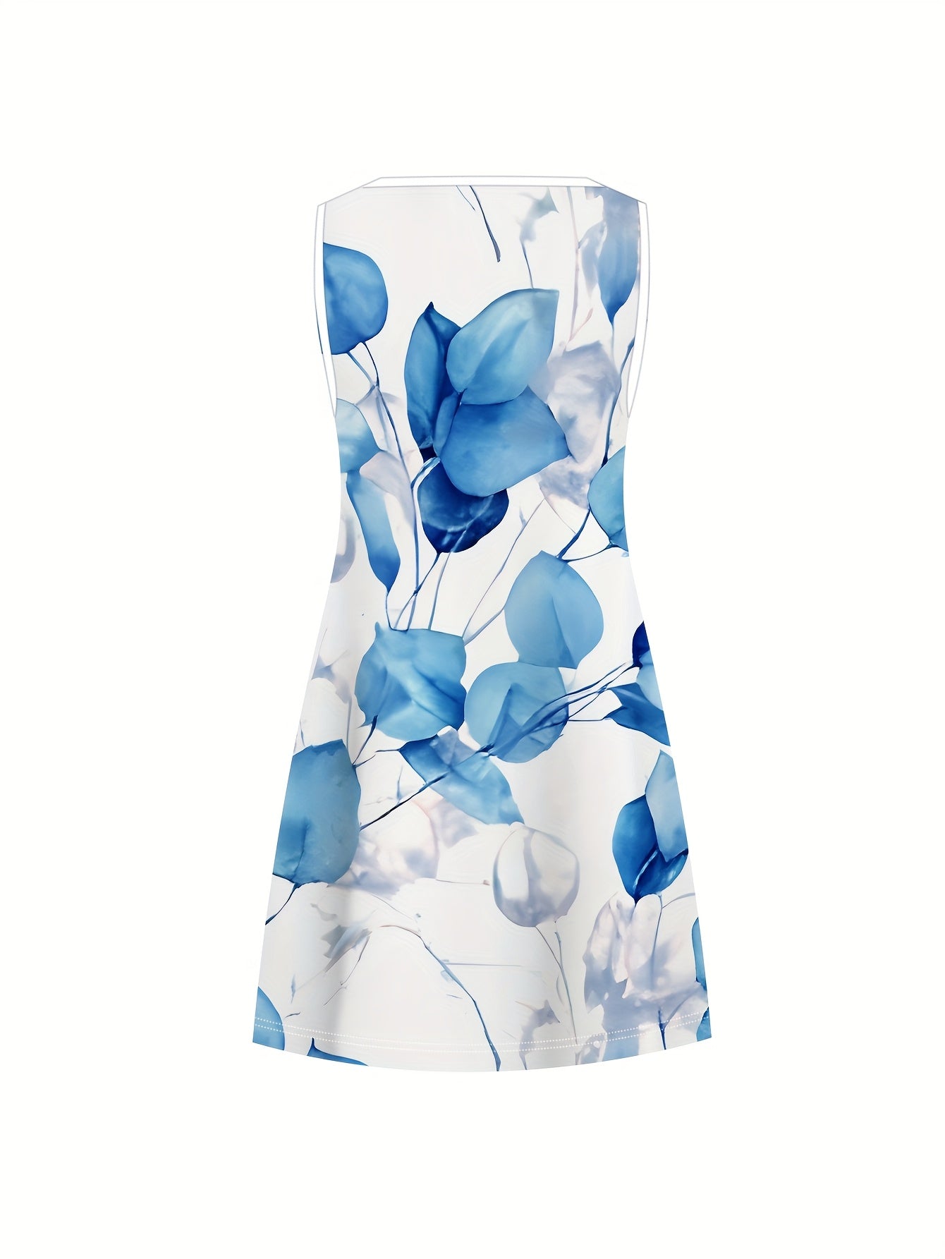 Women's Floral Print Dress - Sleeveless A-Line skirt, Mid-Length Casual & Formal Outfits in Blue Floral Pattern, Machine Washable Everyday & Party Wear for Women, Summer Outfit, Vacation Attire, Pullover Design, Lightweight Fabric