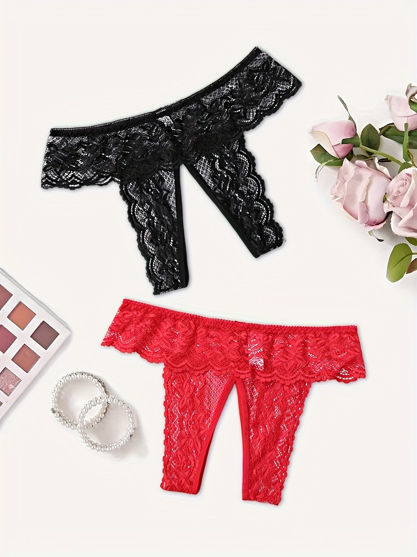 Women'S Sexy Red Lace Thong Panties - Open Crotch Design with Cut-Out Details, Breathable & Comfortable Intimate Underwear for Valentine'S Day or Special Occasions, Romantic Clothing, Elegant Style, Intricate Detailing