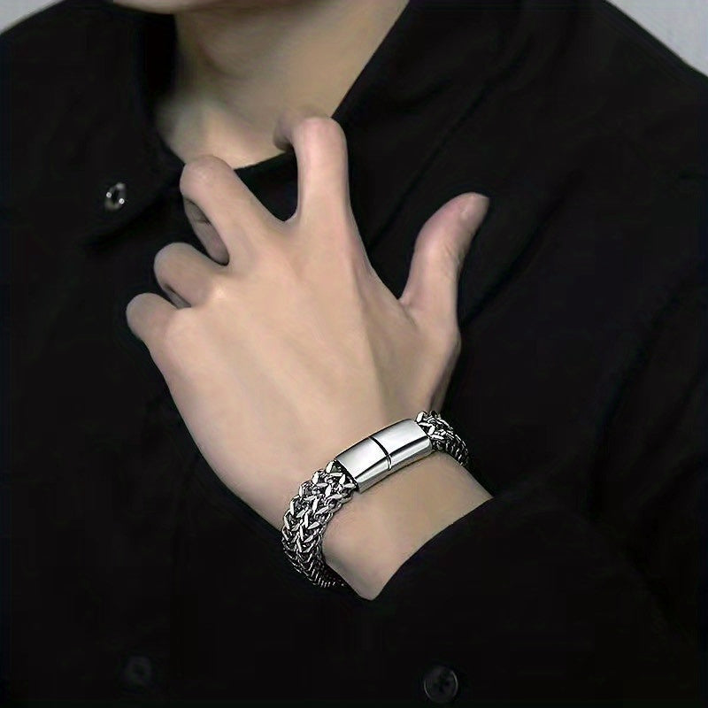 1 Stainless Steel braided square reversible chain magnetic buckle Men's bracelet