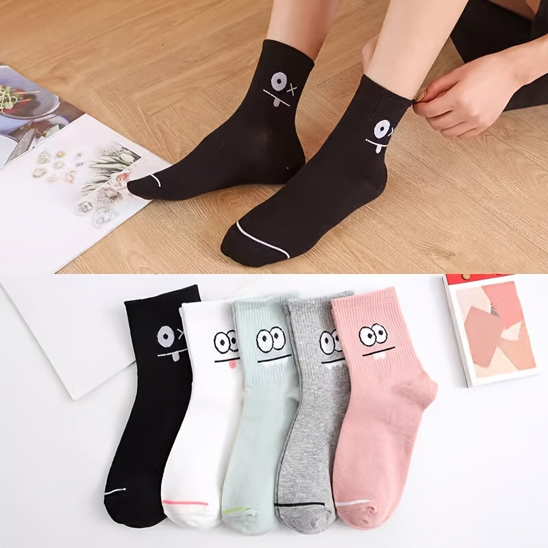 5 Pairs Funny Face Print Socks, Comfy & Casual Mid Tube Socks, Women's Stockings & Hosiery