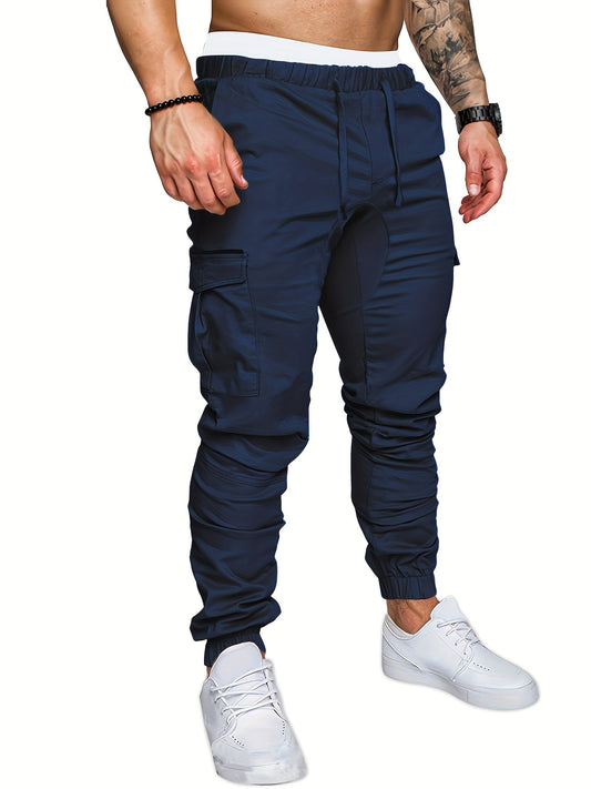 Men'S Casual Cargo Pants, Cotton Blend (95% Cotton, 5% Polyester), Solid Color, Non-Stretch Fabric, Woven, Regular Fit, Drawstring Waist, Belt Closure, Cropped Length, Suitable for Spring/Fall Season