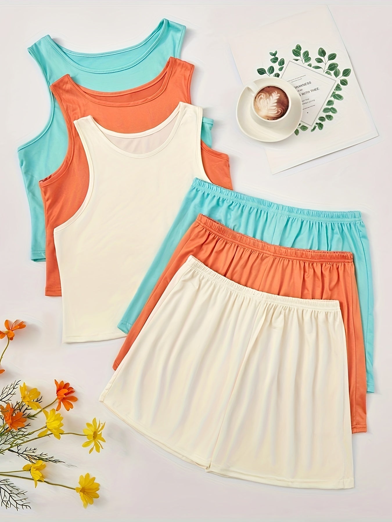 3 Sets Simple Solid Lounge Set, Crew Neck Sleeveless Top & Elastic Waistband Shorts, Women's Loungewear & Sleepwear
