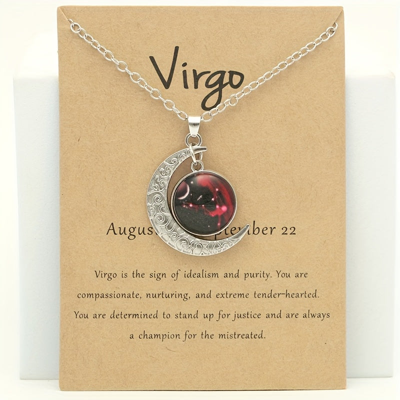 1pc Retro Glow-in-the-Dark Zodiac Moon Pendant Necklace - Vintage Style, Zinc Alloy with Glass Accents, Adjustable Chain for Women - Ideal for Daily Wear & Gifting, Zodiac Jewelry, Gift Jewelry, Vintage Jewelry, Durable Jewelry