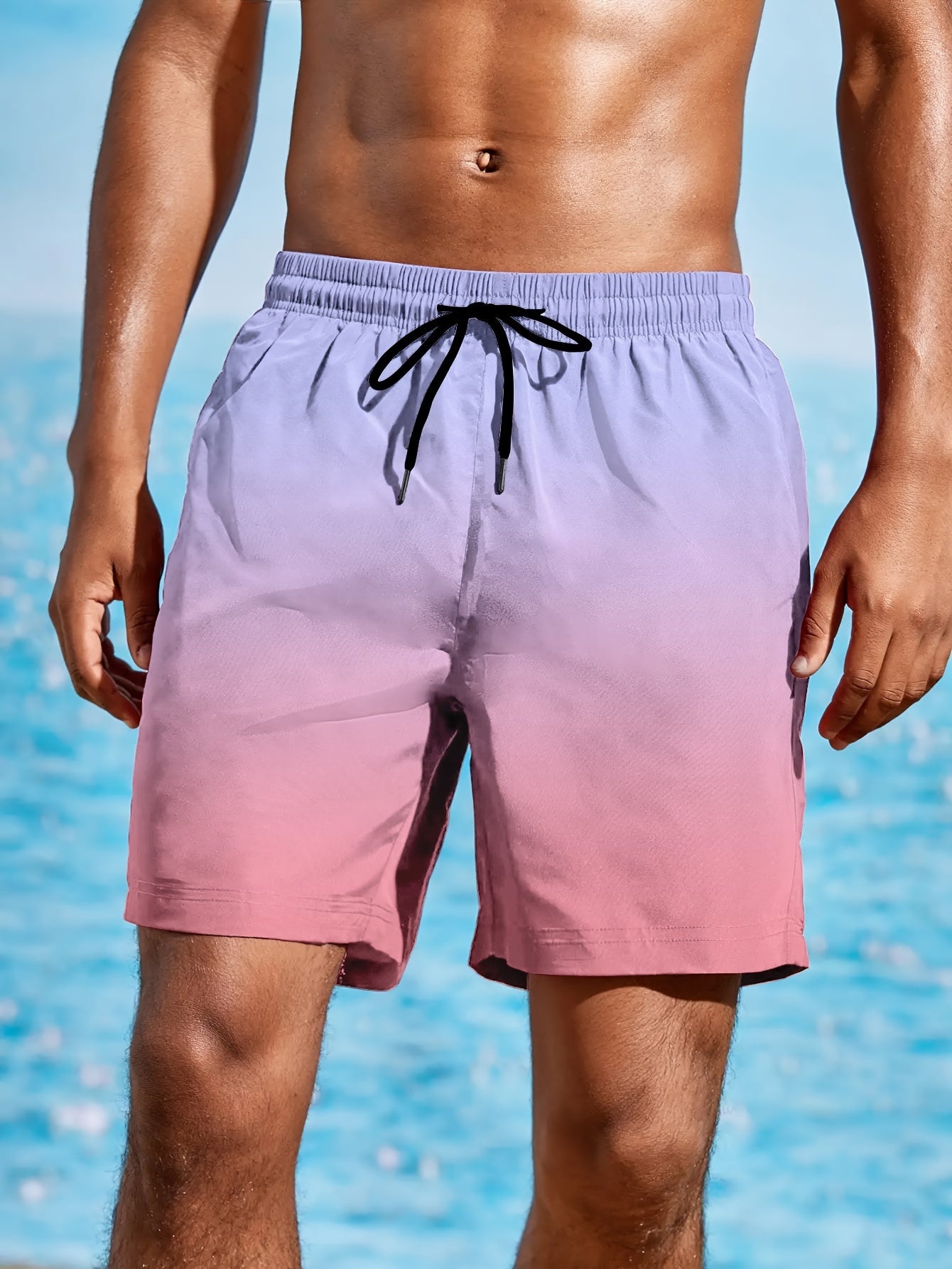 Men's Loose Beach Shorts Activewear, Drawstring Quick Dry Ombre Shorts, Lightweight Shorts For Summer Beach Vacation Surfing