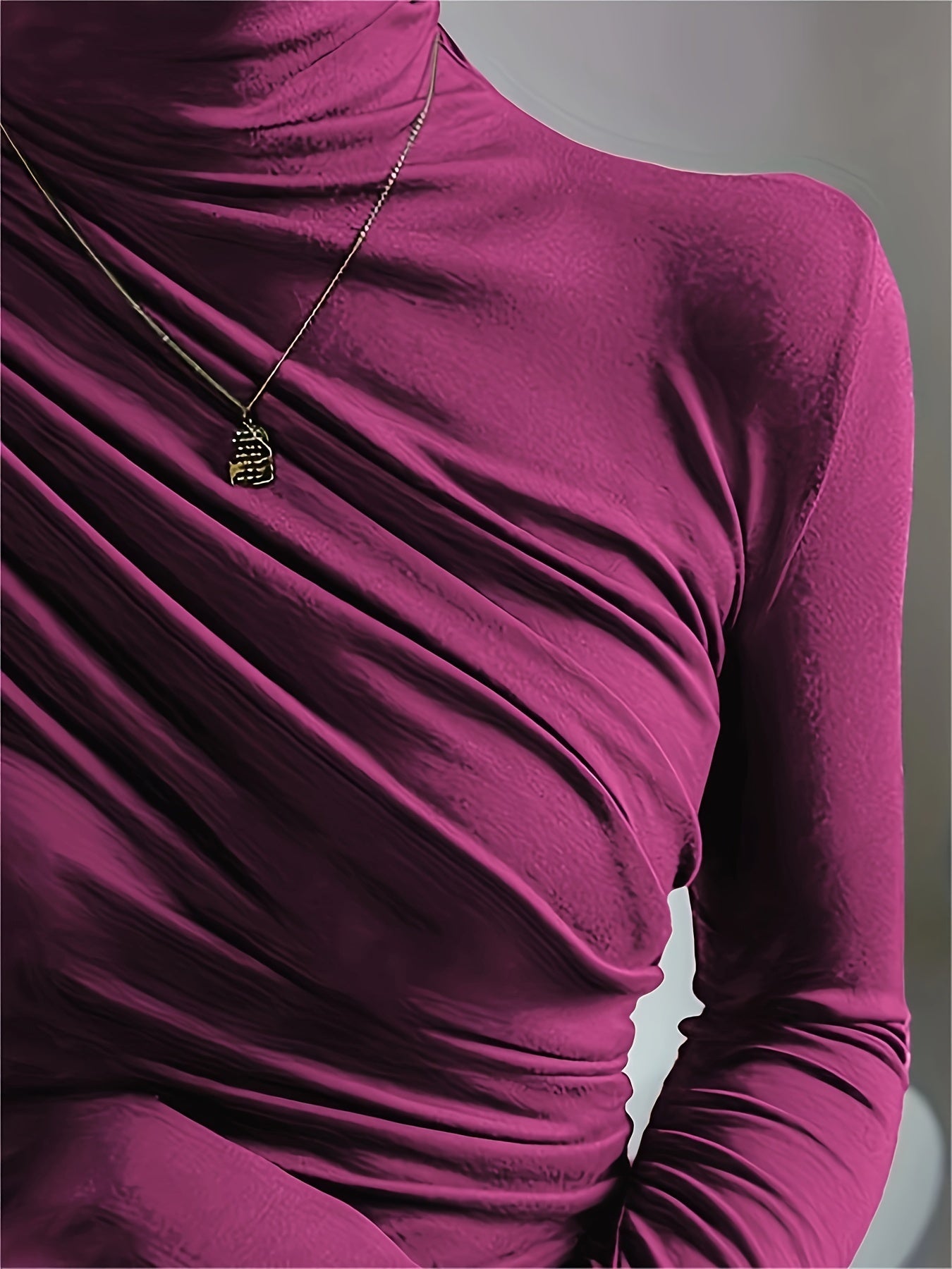 Women's Elegant High Neck Long Sleeve Top with Chest Wrinkle Detail - Solid Color Machine Washable Spring/Fall Layering Essential, Versatile Casual to Formal Shirt, Ladies Long Sleeve Tops, Spring Fashion, Sophisticated Style, Durable Material, Stylish Bl