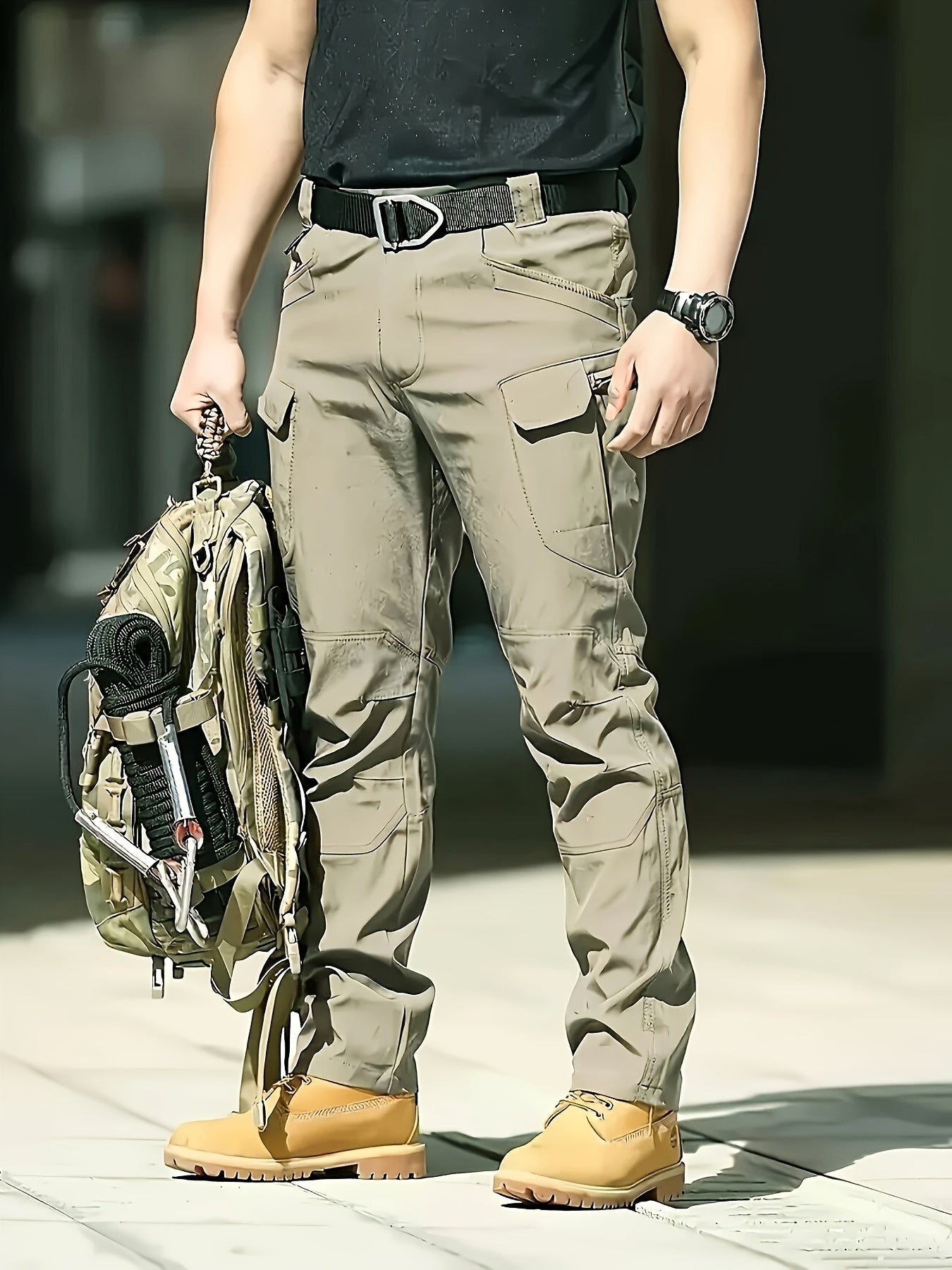 Men'S Stretchy Black Cargo Work Pants - Elastic Waist, Multi-Pocket Design for Hiking & Everyday Comfort, Durable & Comfort Fit, Outdoor Pants|Casual Cargo Pants|Glossy Finish Pant
