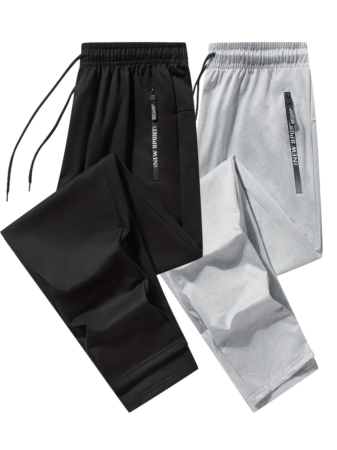 Men's 2-pack Set Of Solid Regular Fit And Cuffed Sweatpants with Letter Print Zippered Pockets And Drawstring, Athletic Joggers for All Seasons Fitness And Gym Wear