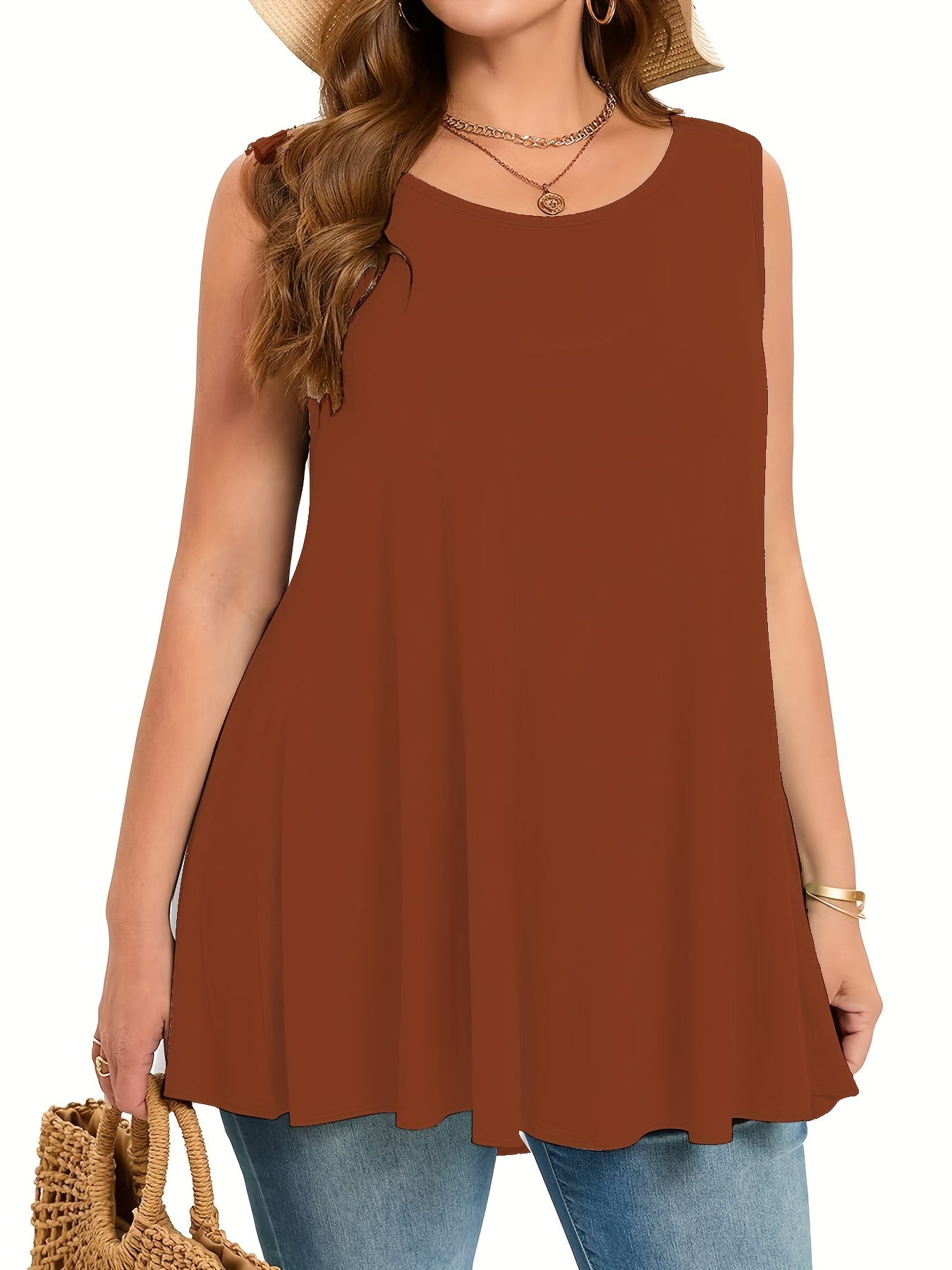Plus Size Women's Stretchy Sleeveless Round Neck Tank Top - Solid Color Casual Vacation Wear, Machine Washable Spring/Summer Tops, Ladies Tank Tops, Summer Plus Top, Flowy Fabric Top, Nontransparent Fabric, Travel Clothing, Relaxed Fit, Breathable Materia