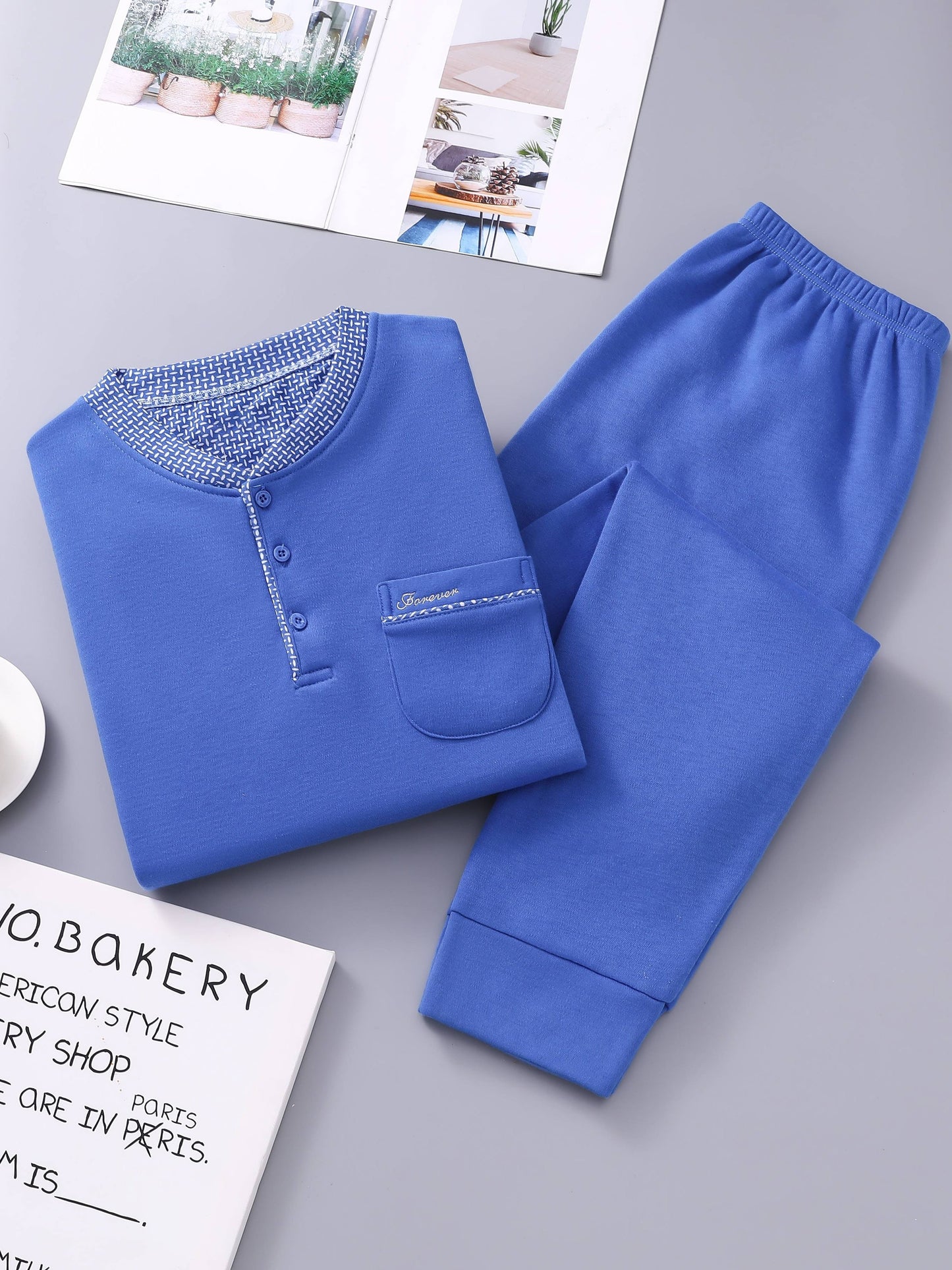 2pcs Casual Round Neck Button Up Long Sleeves Pockets Shirts Tops & Pants Sets, Men's Comfortable Pajamas Loungewear