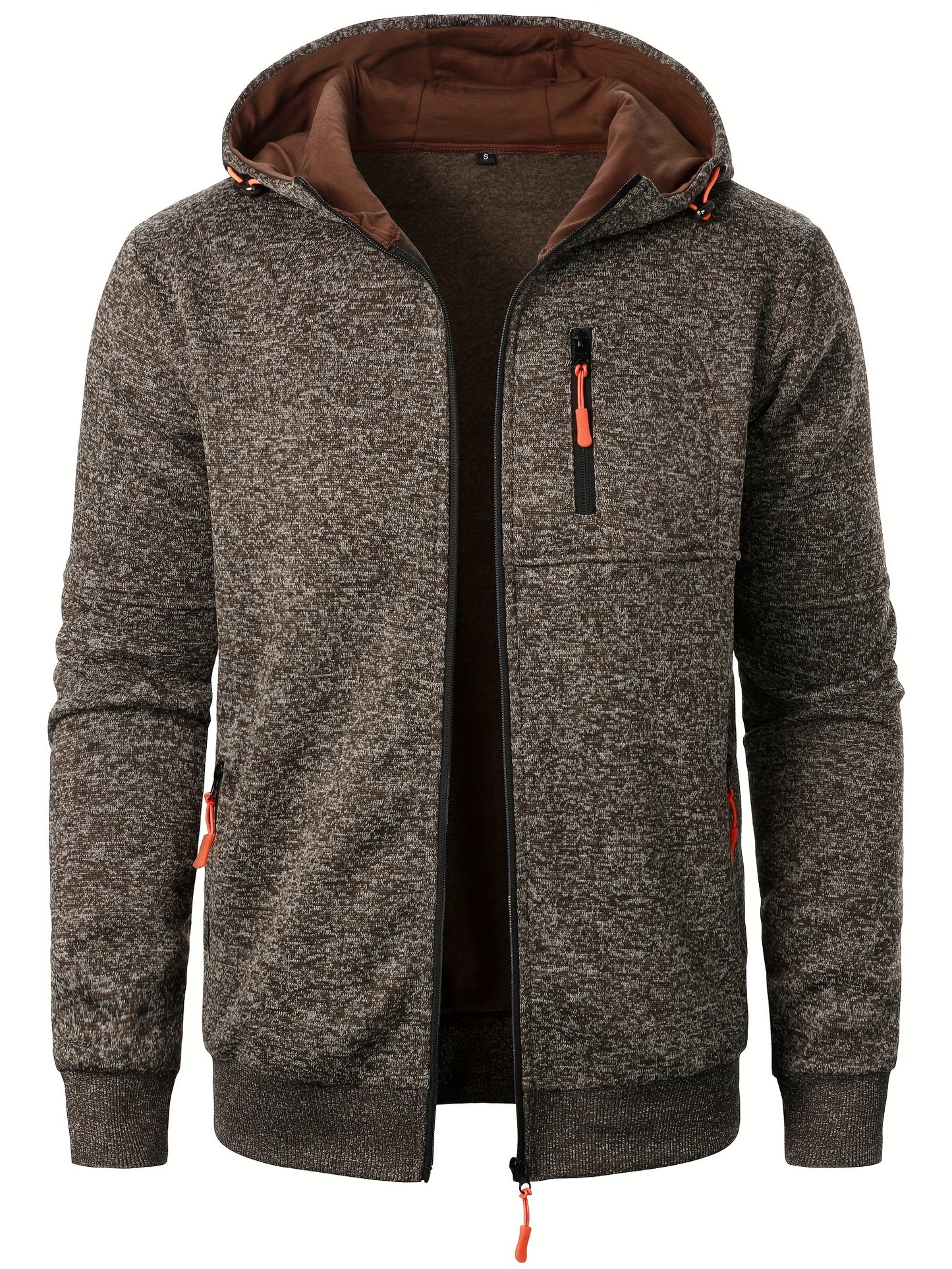 Men's Autumn Winter Casual Plush Hooded Sweater - Soft Knit Zipper Front with Neon Accents, Regular Fit Long Sleeve Pullover for Cold Weather, Sweater Hoodie, Ribbed Detailing
