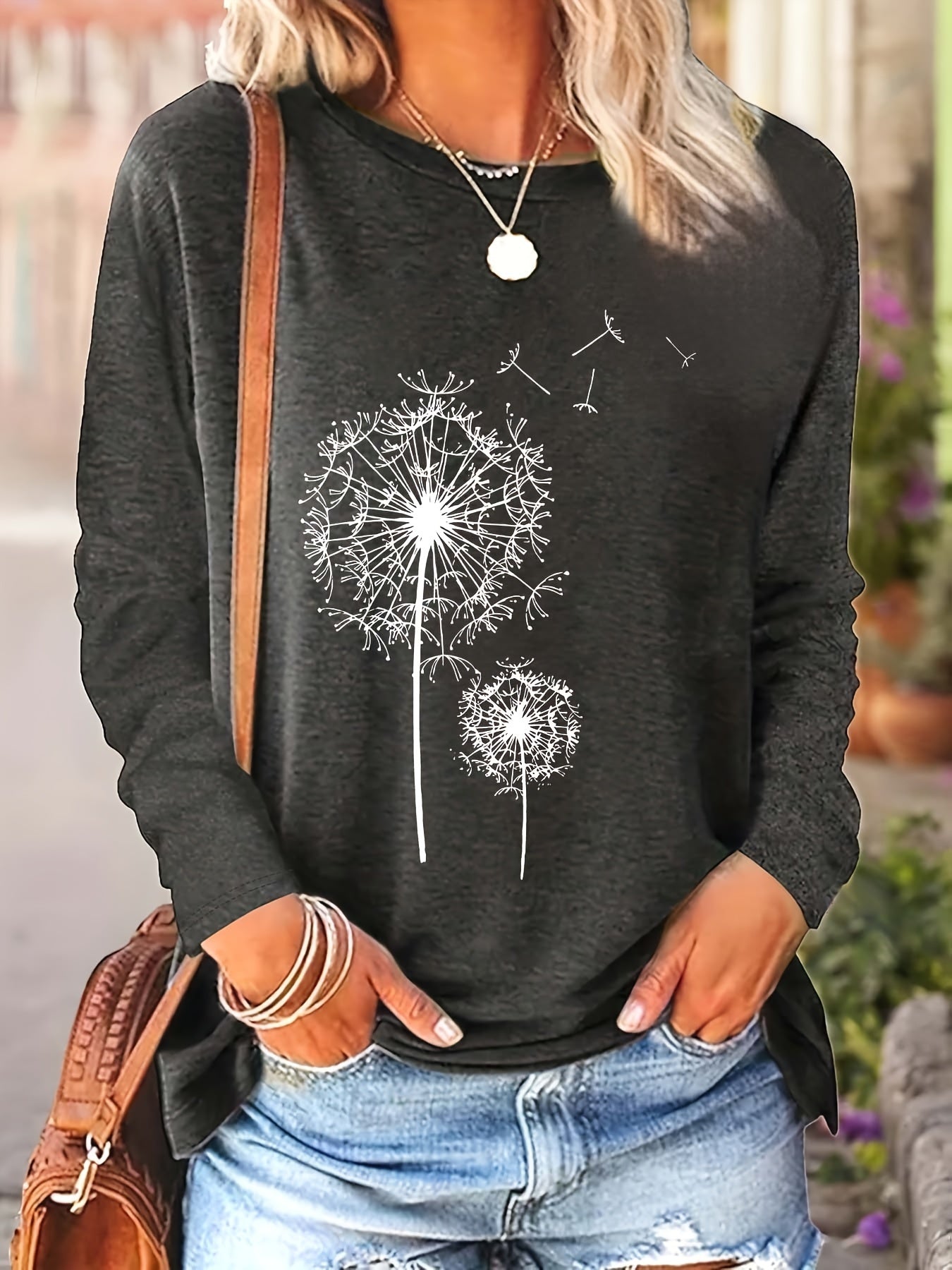 2023 Spring-Autumn New Arrival Printed Round Neck Loose Long Sleeve T-Shirt - Machine Washable, Perfect for Daily Wear and Home Use, Spring Fashion, Autumn Clothing, Geometric Print, Relaxed Fit, Breathable Fabric, Comfortable Fabric, Basic Top, Everyday