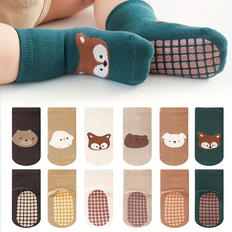6 Pairs Boys' Non-Slip Bouncy Socks with Cute Cartoon Animal Designs - Soft Breathable Fabric, All-Season Floor Socks for Toddlers & Kids, Hand Wash Only, Toddler Socks, Playful Sock Patterns, Comfortable Sock Material, Kids Footwear, Fun Sock Patterns, D