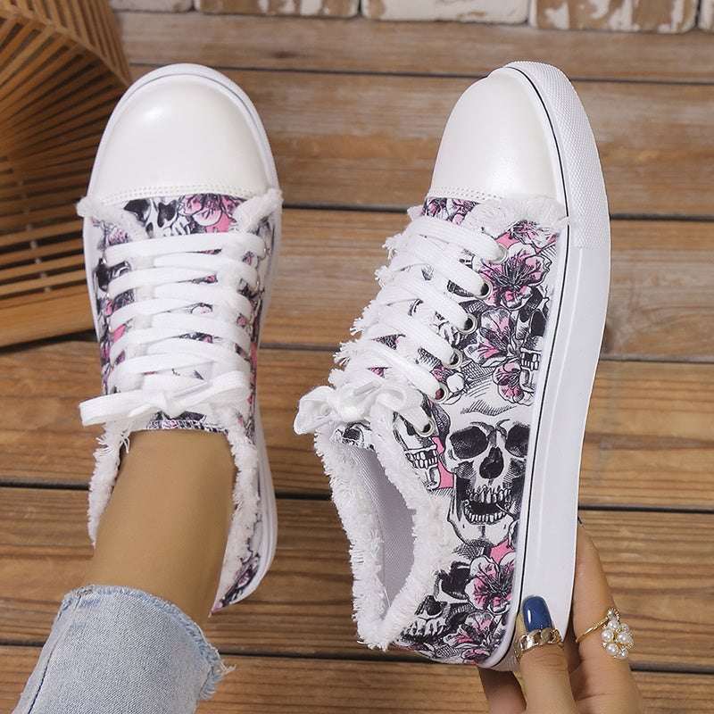 European and American Export Large Size Halloween Skeleton 3D Print Low-Top Lace-Up Casual Flat Shoes for Women