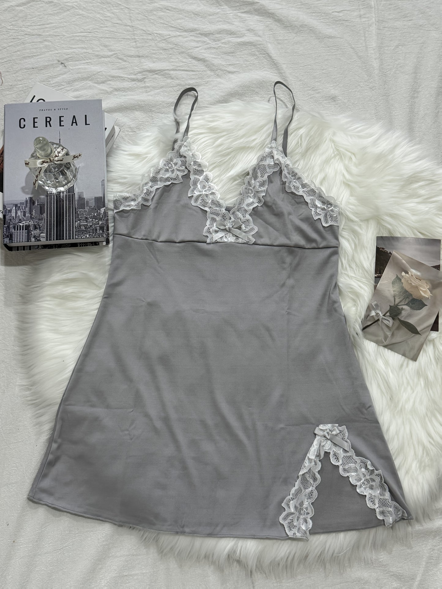 Women'S Sexy Gray Lace Nightgown with Bow Detail - Sleeveless, V-Neck, All-Season Sleepwear, No Bra Included, Elegant Lace Edging, Adult Only, Allseason Nightwear | Elegant Lace Detail | Sleeveless Design, Sexy Nightwear