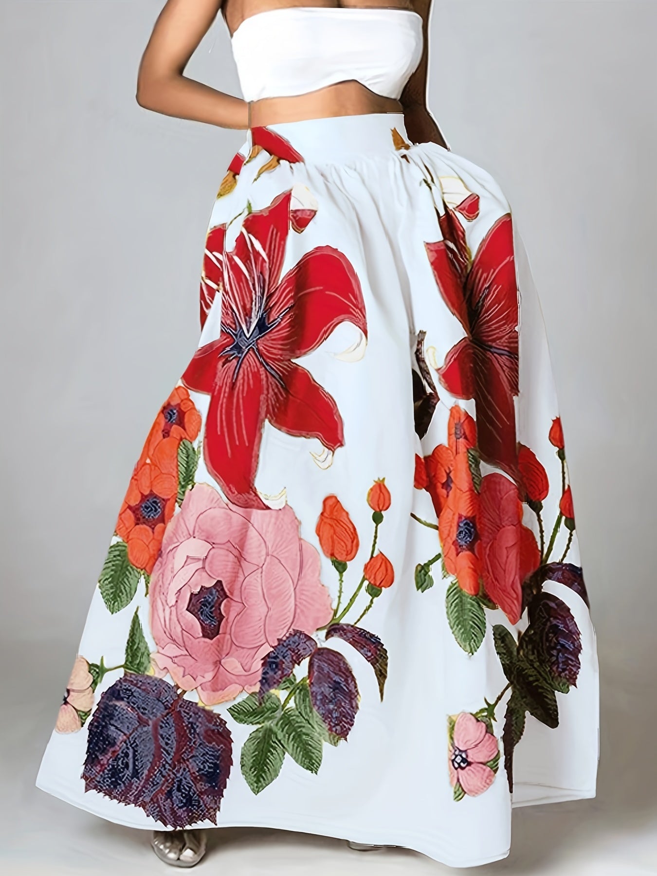 Women's Bohemian Floral Print High-Waist Maxi Skirt - Vibrant Multi-Color Flowers, Flowy A-Line Silhouette, Ideal for Parties and Beach Holidays, Party Wear Skirt|Flowy Maxi Skirt|Elastic Waistband