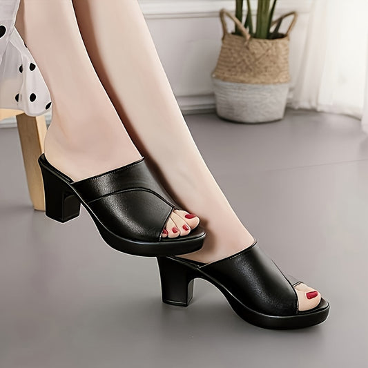 Women's Chunky High Block Heel Slip-On Mules - Glossy Black Faux Cover Open-Toe Slippers with Thick Platform Heels, Comfortable Round-Toe Summer Dress Shoes for Weddings, Parties, Office & Casual Wear (Easy-Care), Heels For Women, Shoes For Women, Womens