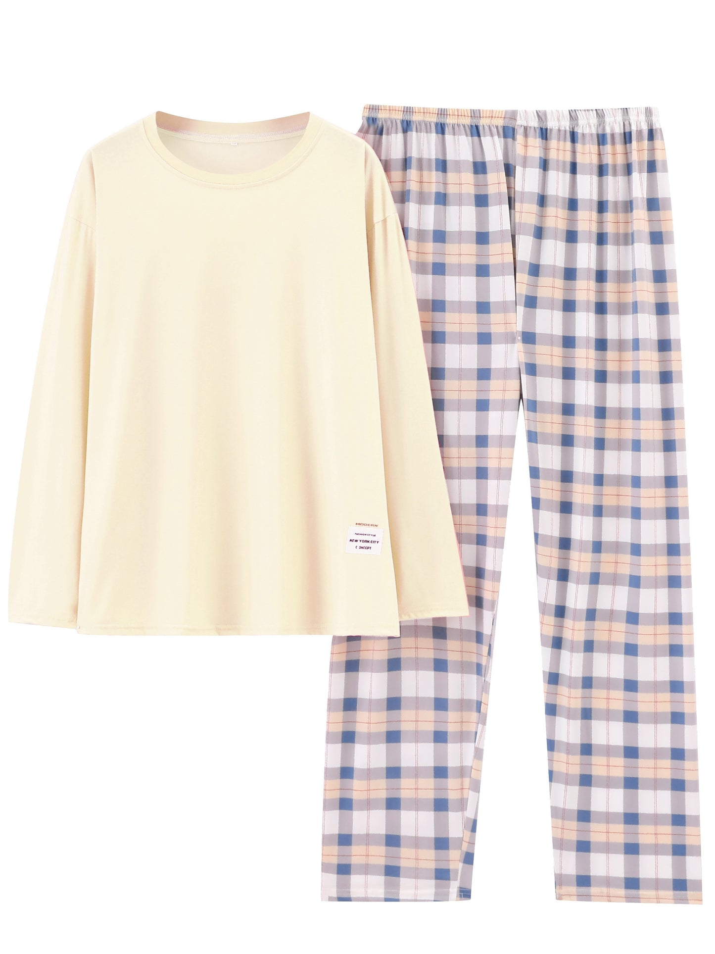 Plus Size Casual Pajamas Set, Women's Plus Soft Long Sleeve Tee & Plaid Pants Comfort Loungewear 2pcs Set, Women Plus Size Two Piece Set