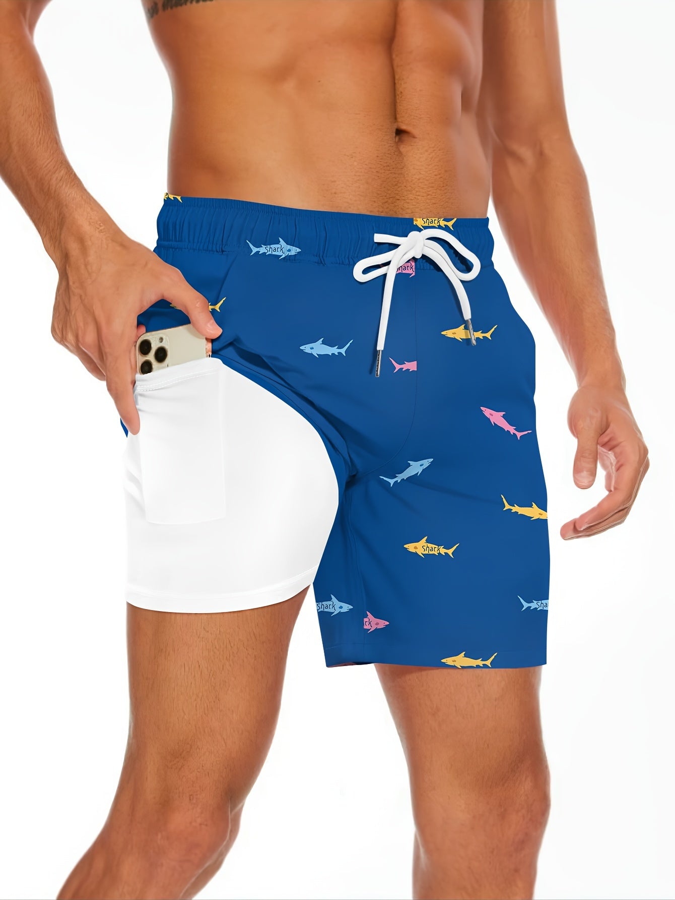 Men's Shark Pattern 2 In 1 Board Shorts With Drawstring And Pockets, Casual And Stylish Shorts For Summer Beach And Outdoors Wear