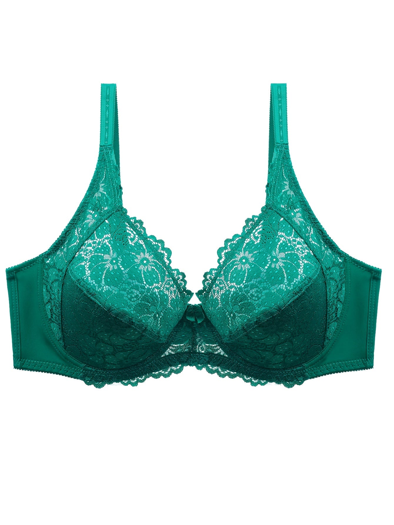 Plus Size Sexy Bra, Women's Plus Solid Contrast Lace Floral Trim Medium Stretch Comfort Bra