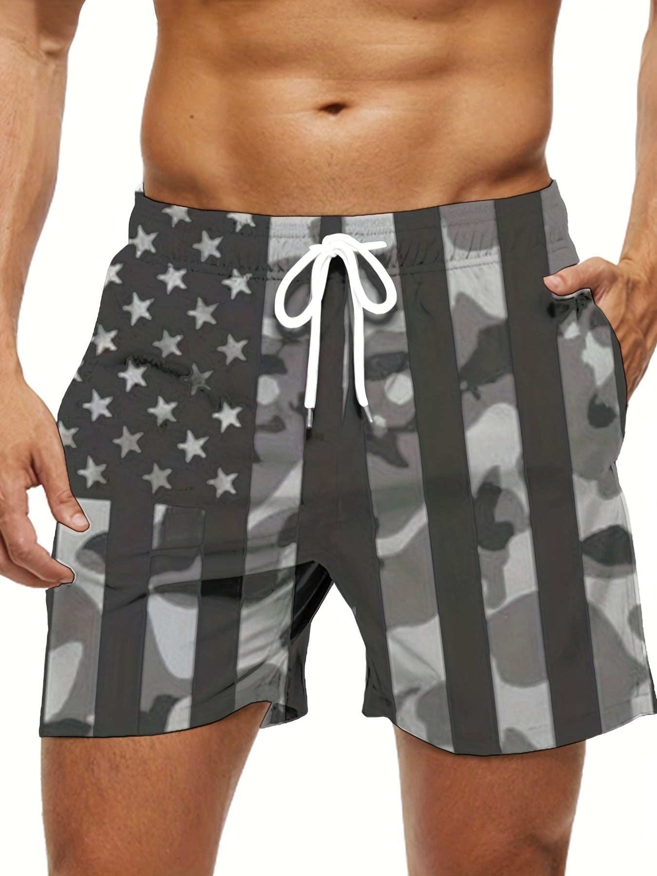 3003 Men's Summer Casual Shorts - American Flag & Eagle Patriotic Print, Black & White Contrast Design, Regular Fit, Machine Washable