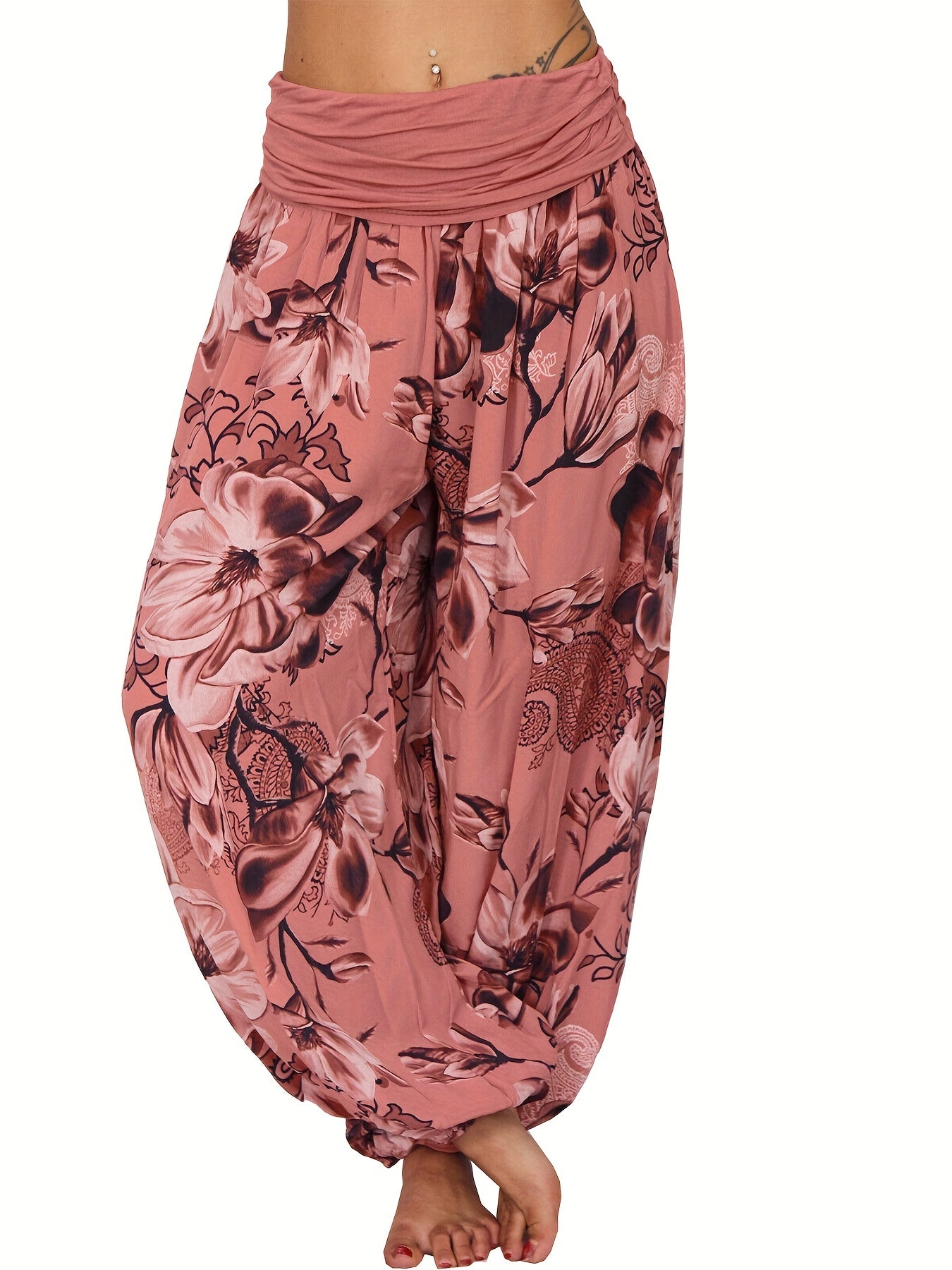 Women's Floral Print Harem Pants - Lightweight Polyester, Wide Leg, Casual Vacation Style, Blue and White Flowers, Relaxed Fit Pants|Vacation Style Pants|Machine Washable Fabric, Ladies Pants