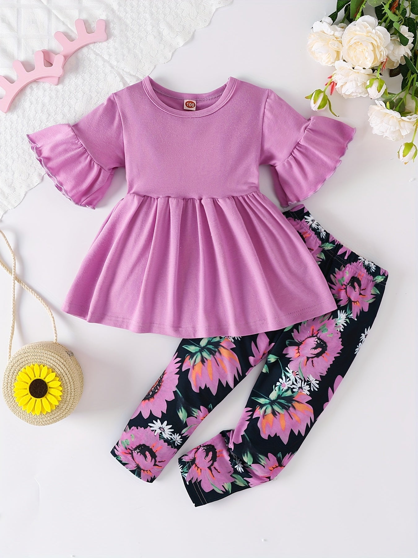 Girls' Floral Print Flared Sleeve Dress with Ruffled Hem & Elastic Waistband - Light Purple & Black Sunflower Design, Long Pants for Spring/Fall Casual Wear, Spring Fall Clothing, Comfortable Fit, for Outdoor
