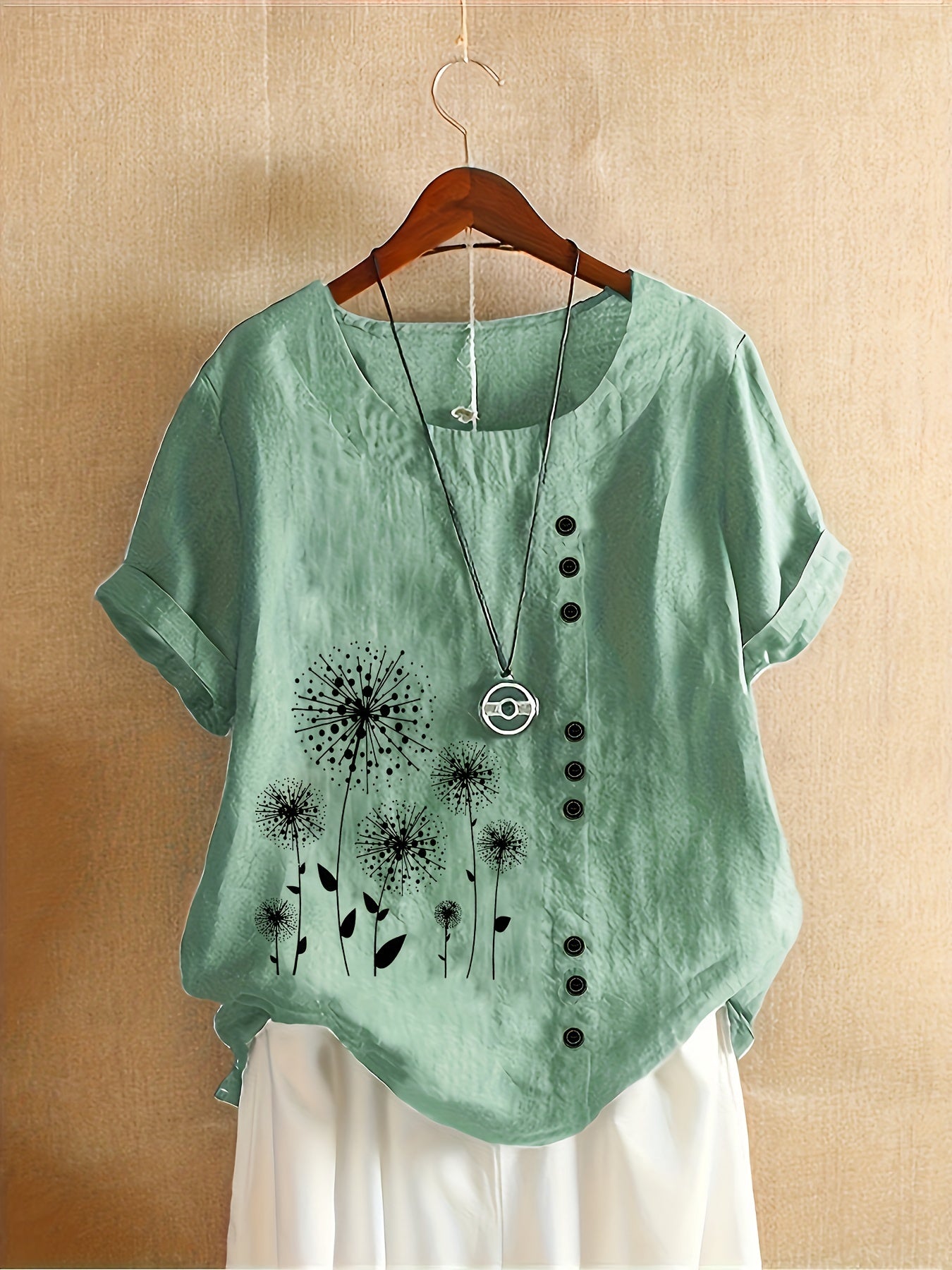 Plus Size, Women's Mint Green Floral Dandelion print Blouse - Loose Fit Plus Size Tops with Button-like details, Lightweight Non-Stretch Shirt for Everyday & Formal Outfits - Machine Washable Casual Women's Clothing, Seasonal Fashion, Round Neckline, Easy