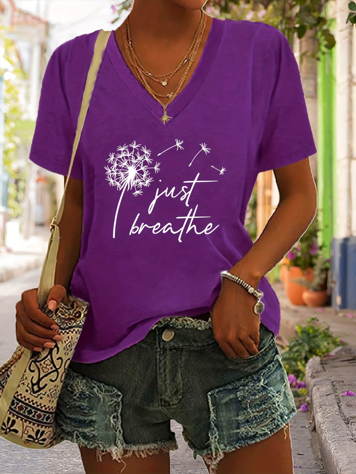 Dandelion Print T-Shirt, V Neck Short Sleeve Summer Casual Top, Women's Clothing